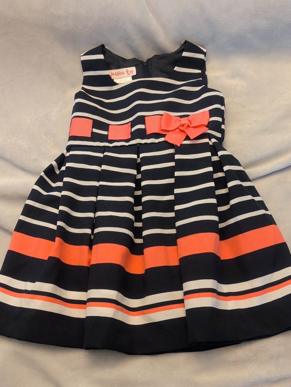 Jessica Navy, White & Coral Striped Girls Formal Dress with Coral Bow
